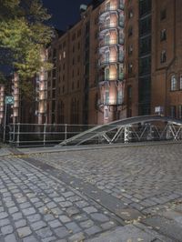 a street bridge that is over some buildings on a street at night, with some leaves all around the walkway