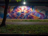 an urban scene that appears to be filled with graffitis and people and trees with the lights on