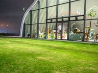 grassy area with glass window and green yard by night of open space in front of building