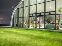 grassy area with glass window and green yard by night of open space in front of building