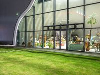 grassy area with glass window and green yard by night of open space in front of building