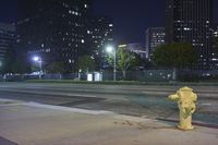 a yellow fire hydrant in front of buildings at night on the road between two street lights