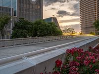 there is a large cement bridge over the road on a cloudy day with tall buildings in the background