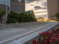 there is a large cement bridge over the road on a cloudy day with tall buildings in the background