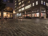 people are walking on the cobblestone street of the city during night hours,