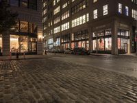 people are walking on the cobblestone street of the city during night hours,