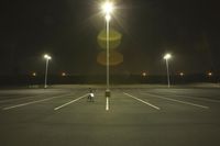 an empty parking lot lit by two street lamps at night as well as a couple walking across