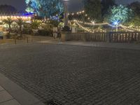 a person is standing on an empty brick walkway by the tv tower and trees with lights