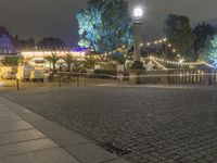 a person is standing on an empty brick walkway by the tv tower and trees with lights