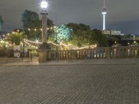 a person is standing on an empty brick walkway by the tv tower and trees with lights