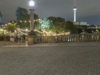 a person is standing on an empty brick walkway by the tv tower and trees with lights