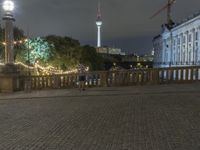 a person is standing on an empty brick walkway by the tv tower and trees with lights