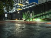 a parking lot with parking meter on the side of it at night under a canopy that lights up