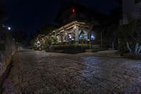 an urban brick street lit with bright lights at night with the buildings and plants near