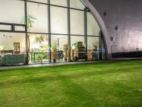 a large open grassy lawn next to glass doors in the evening time of the day