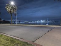 a city is seen behind the skyline during night time as seen from the lawn on the corner