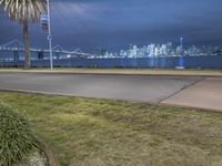 a city is seen behind the skyline during night time as seen from the lawn on the corner