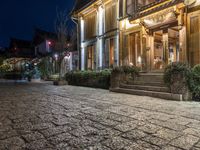 the cobblestones have some lights on in the dark and are illuminated by bright lights