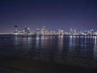 an ocean shore at night with city lights reflected in the water and piers below