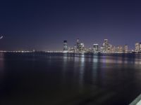 an ocean shore at night with city lights reflected in the water and piers below