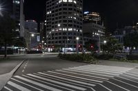 a night view of buildings and street lights, with a traffic light in the middle