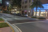 several cars parked on the sidewalk and a street corner at night with traffic lights at both end and palm trees at the sidewalk