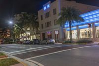 several cars parked on the sidewalk and a street corner at night with traffic lights at both end and palm trees at the sidewalk