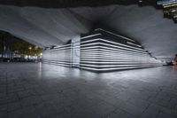 an architecture made up of white lines on a dark grey ground, with two people walking under them