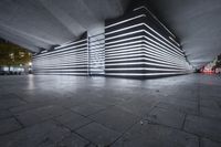 an architecture made up of white lines on a dark grey ground, with two people walking under them