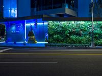 a street at night with a christmas tree and decorations on the wall next to it