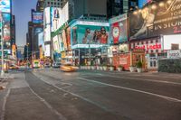 a busy city at night time with the motion bluring of the taxi and billboards