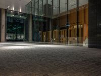 an open door at the lobby of a modern building with glass doors on either side