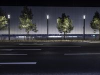 a large white building with trees on the street side at night time in front of it