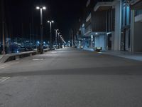 Nighttime in a Coastal City: Road Leading to the Harbor