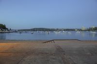 several boats on a lake at dusk in the city centre area of a marina with the lights on