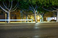 a group of people standing next to a parking meter at night with a few lights shining on the trees