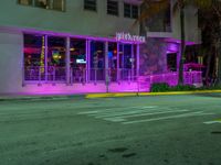 a purple neon strip lights up the night in a tropical area at twilight in miami