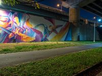 a mural in a tunnel by the highway at night with trees around it and two people near by