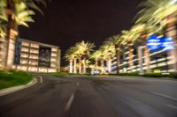 palm trees and buildings at night, blurry picture, seen from a passing vehicle