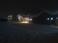 Nighttime Road and Houses in a Residential Area