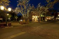 a nighttime scene showing the front entrance of the store and storefronts with christmas lights