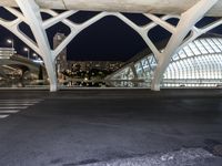 a street with an artistic architectural structure in the city of arts and sciences at night