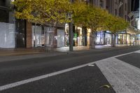 a sidewalk and a street corner at night time with trees growing on each side of it