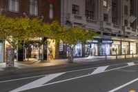 a sidewalk and a street corner at night time with trees growing on each side of it