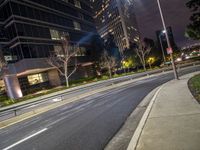 a city street lit up by street lamps, along with grass and bushes in the foreground