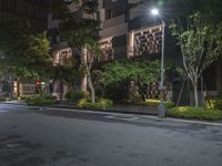 night shot on city street in urban setting with residential apartment building and trees beside it