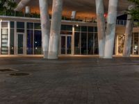 some tall metal poles in front of some glass doors and windows, while another building lights are behind them