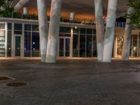 some tall metal poles in front of some glass doors and windows, while another building lights are behind them