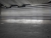 black and white photo showing neon lights inside of building at night time from low angle