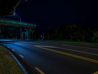 a street and a bridge during the night time lit up by a light from an overhead traffic lamp